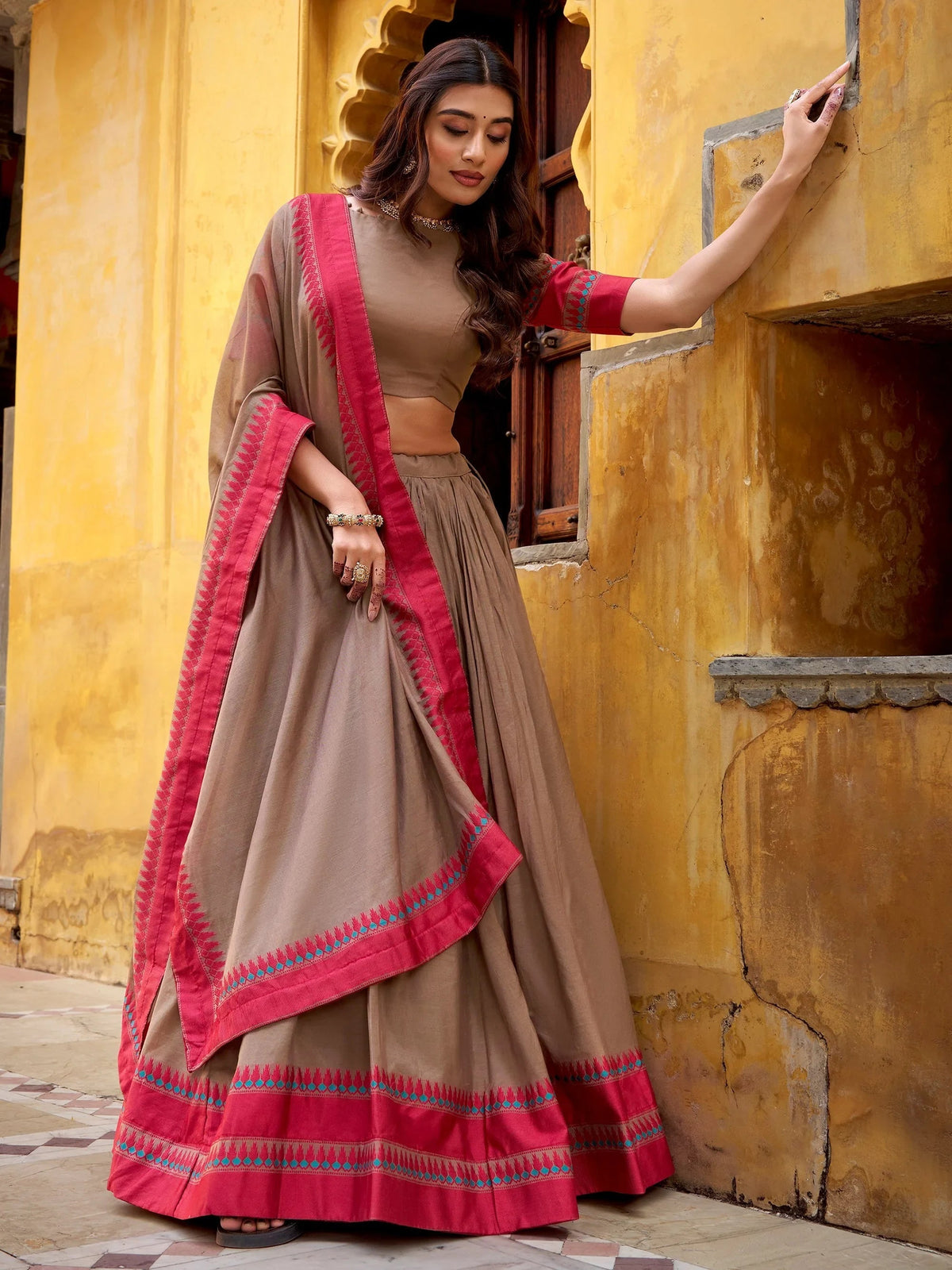 Beige Silk Weaving Border Wedding Half Saree Lehenga