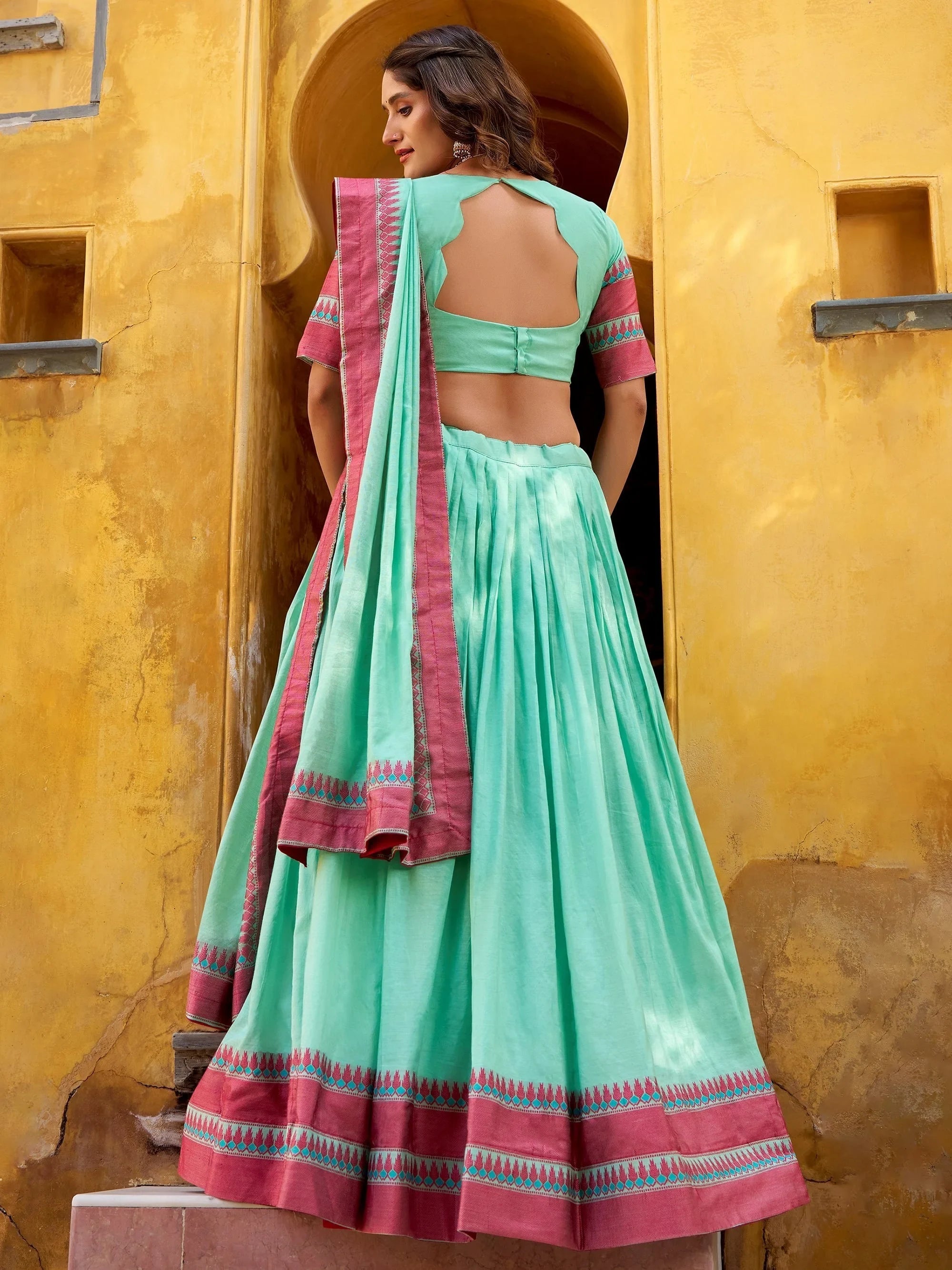 Sky Blue Silk Weaving Border Function Half Saree Lehenga