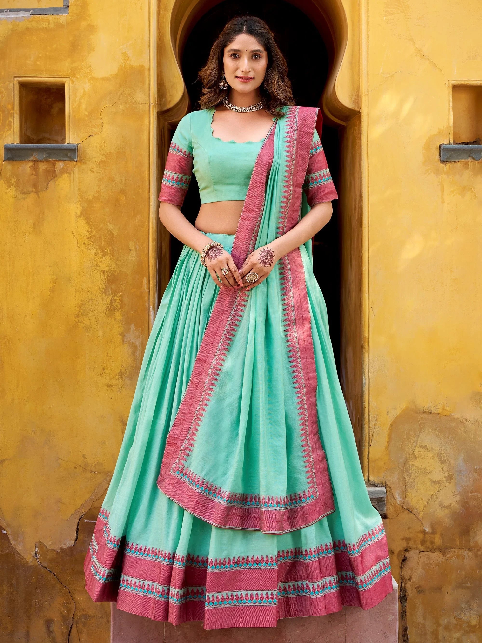 Sky Blue Silk Weaving Border Function Half Saree Lehenga