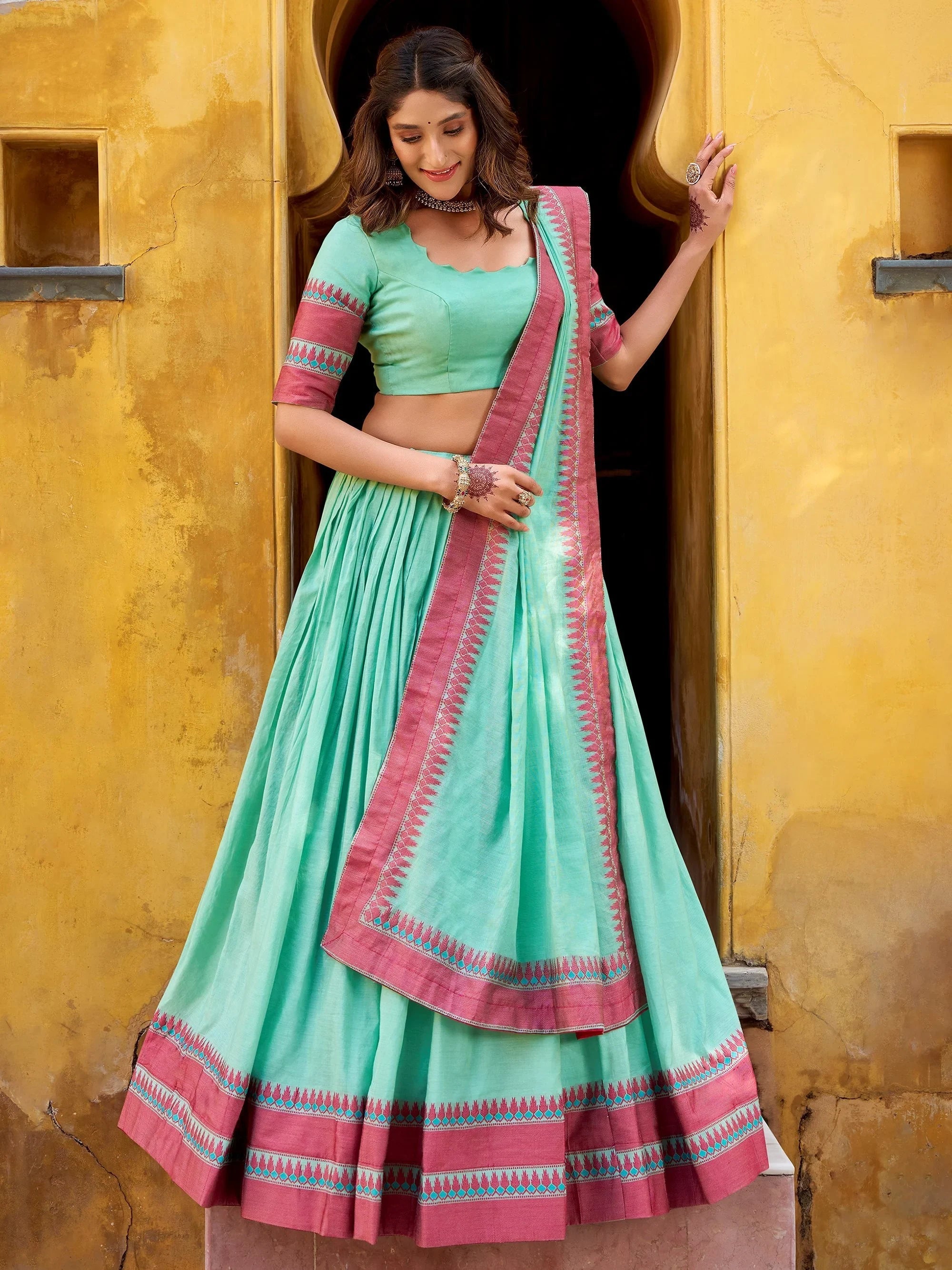 Sky Blue Silk Weaving Border Function Half Saree Lehenga