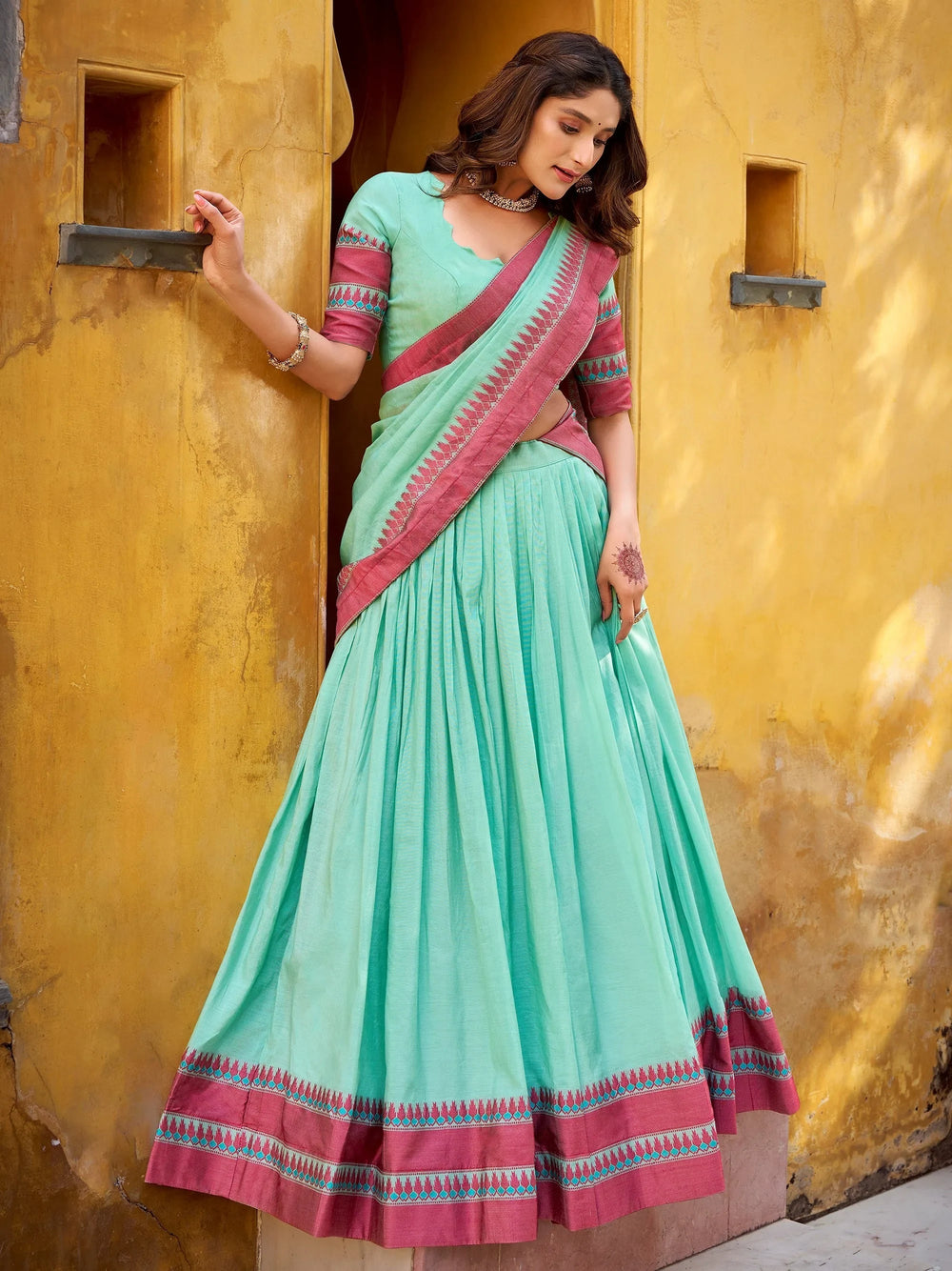 Sky Blue Silk Weaving Border Function Half Saree Lehenga
