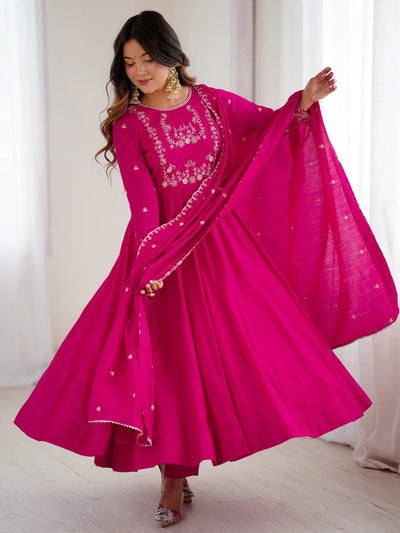Glowing Pink Beads Work Chanderi Silk Festival Wear Anarkali Suit for Women