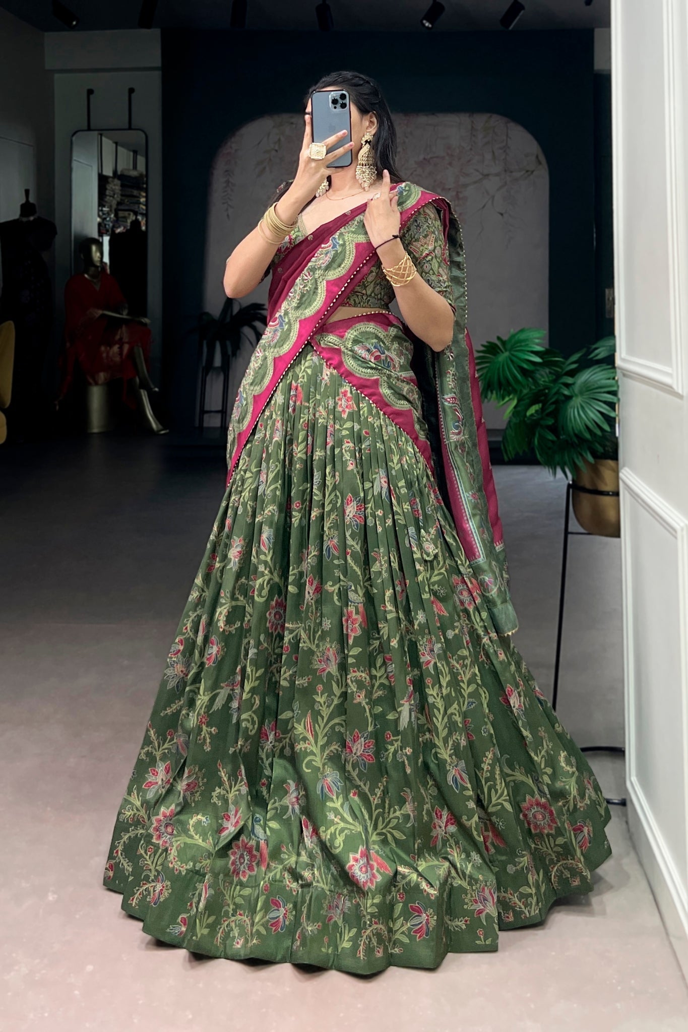 Attractive Tassar Silk Printed Lehenga Choli Set - Zimonza