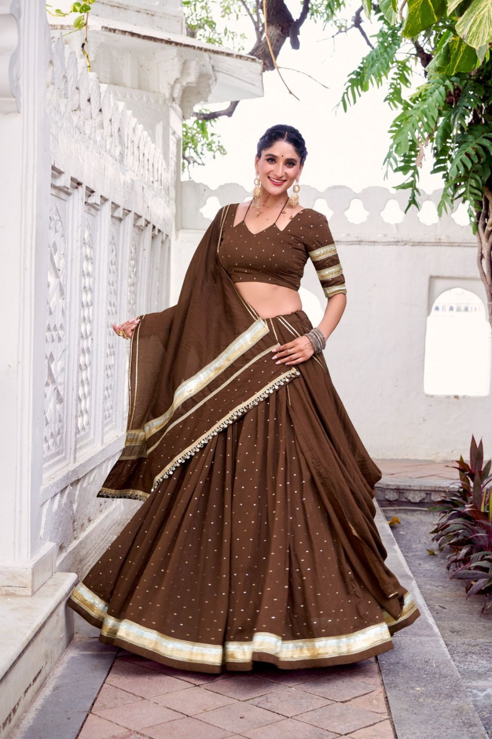 Brown Pure Chanderi Zari Weaving Lehenga Choli Set For Festive And Wedding Special