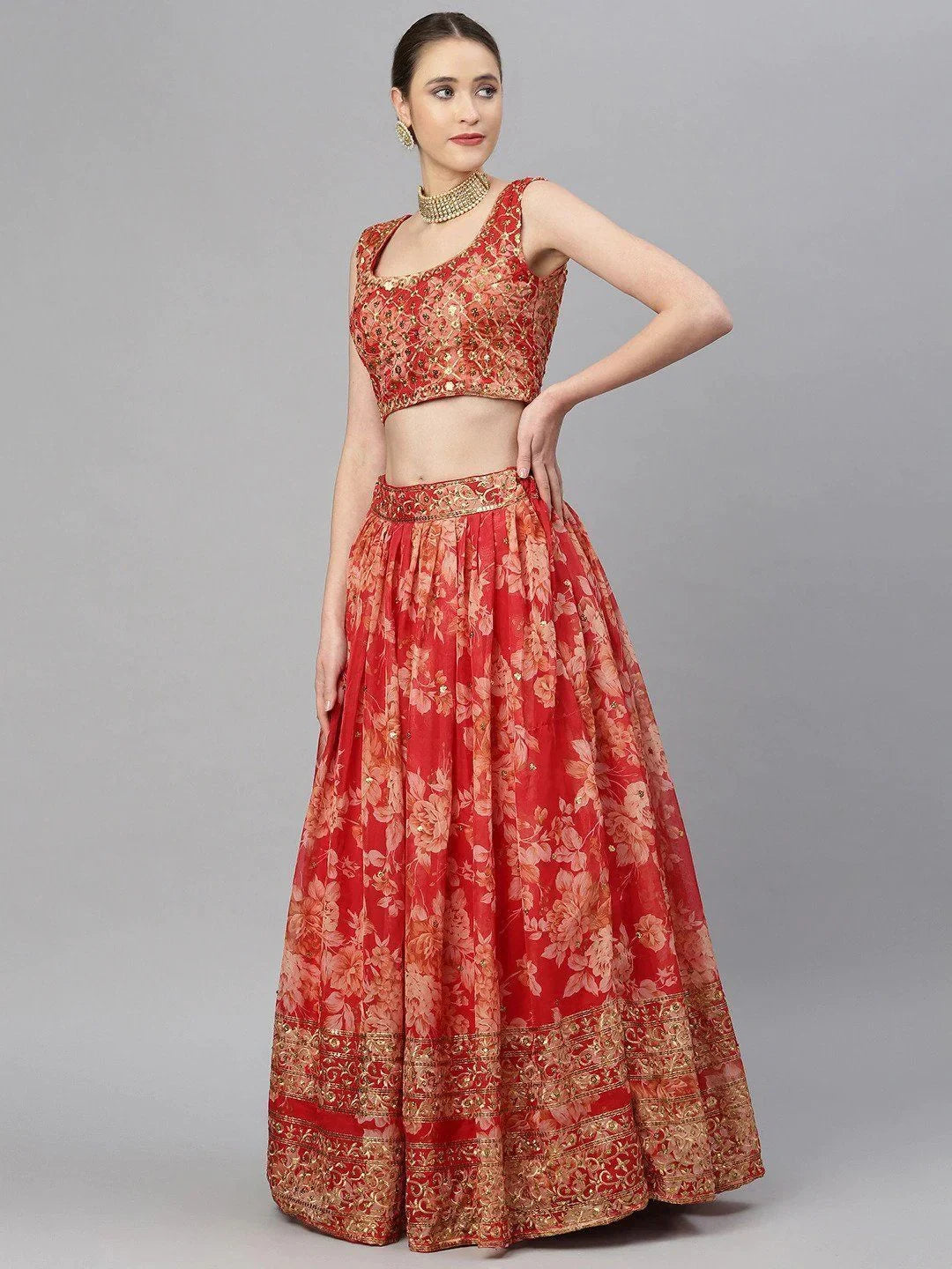 Red & Gold-Toned Embellished Sequinned Wedding Wear Lehenga Choli