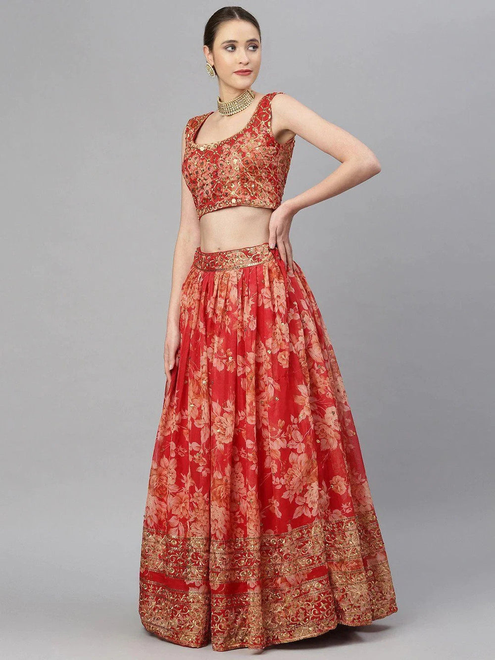 Red & Gold-Toned Embellished Sequinned Wedding Wear Lehenga Choli