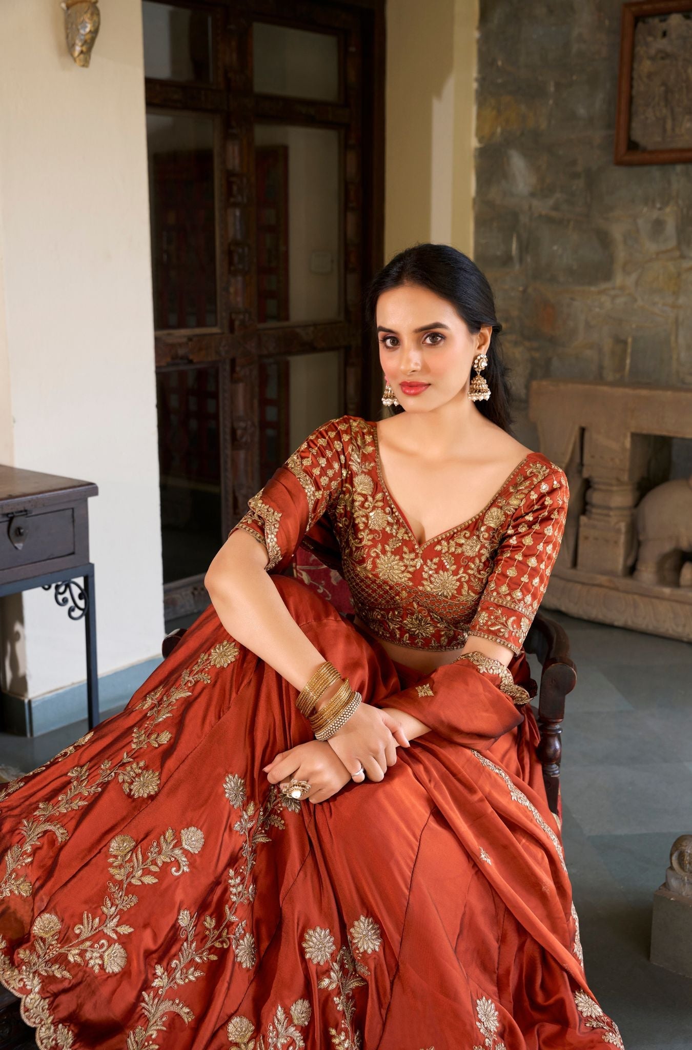 Orange Color Rangoli Silk Sequins And Thread Embroidery Work Lehenga Choli For Woman