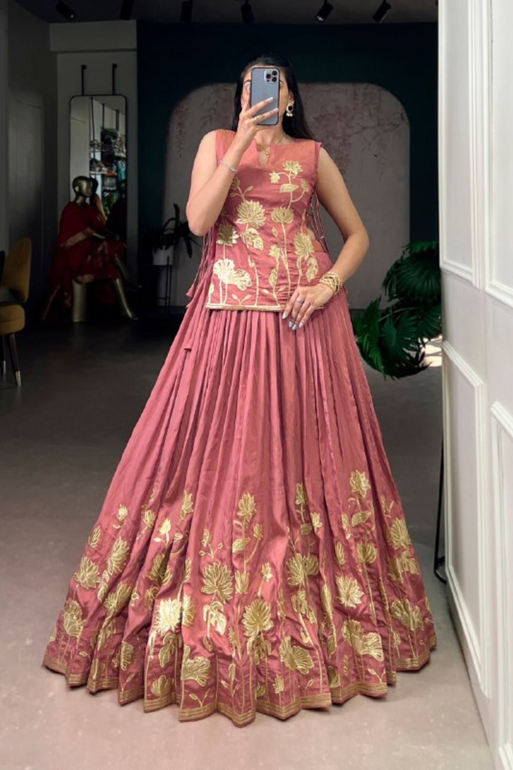 Salmon Pure Shimmer Embroidered Lehenga Co-Ord Set