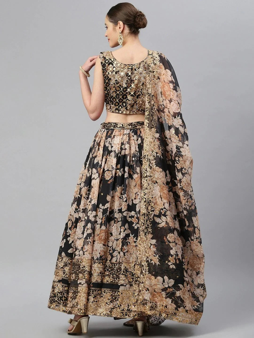 Black & Beige Embellished Sequinned Wedding Wear Lehenga Choli