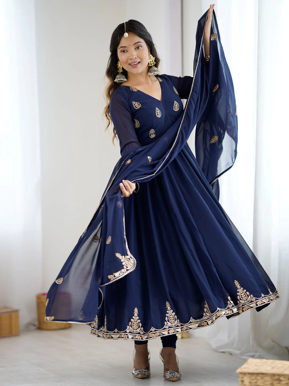 Navy Blue Georgette Embroidered Festive Anarkali Suit for Women