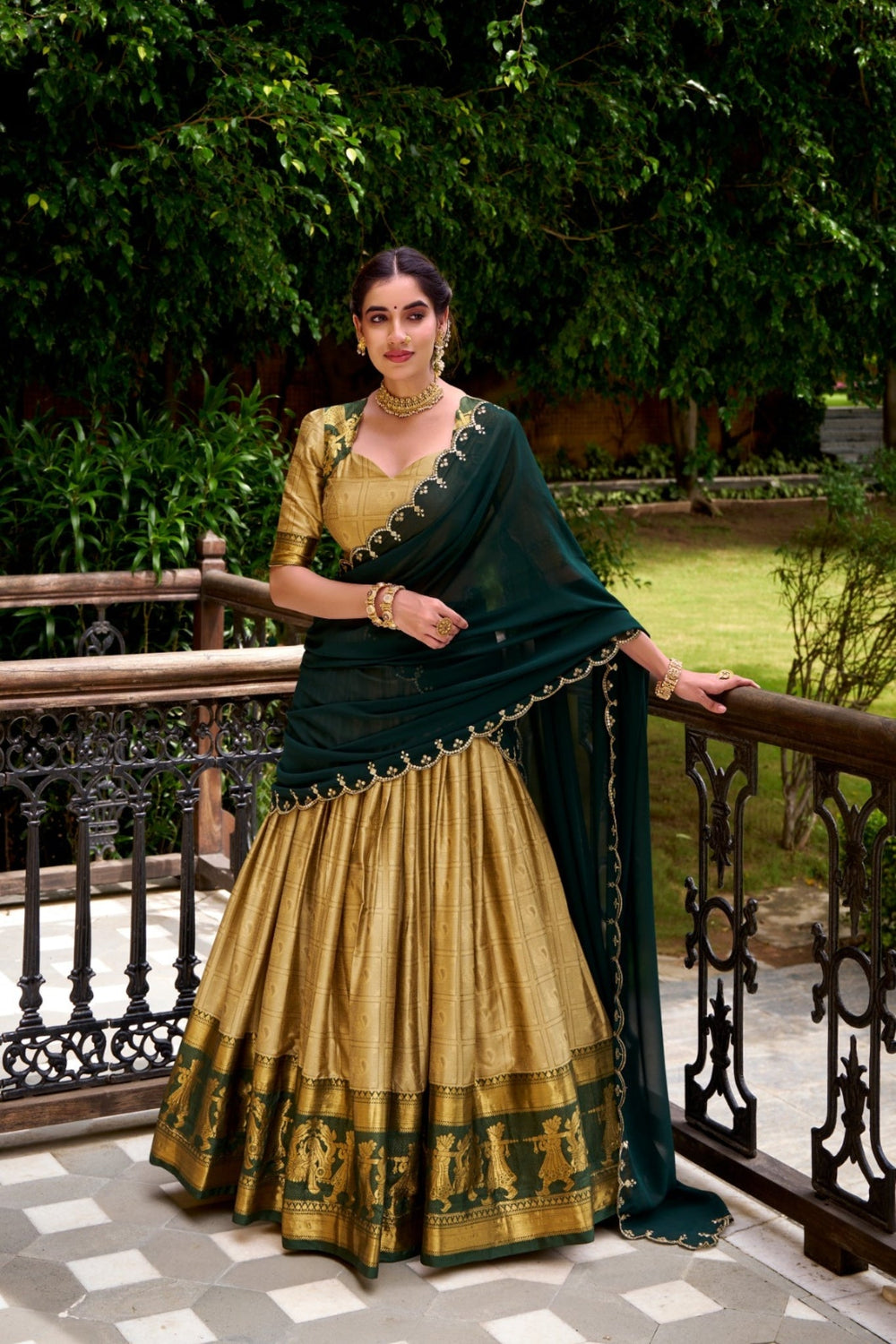 Cream Poly Cotton Zari Weaving Work Beautiful Lehenga Choli