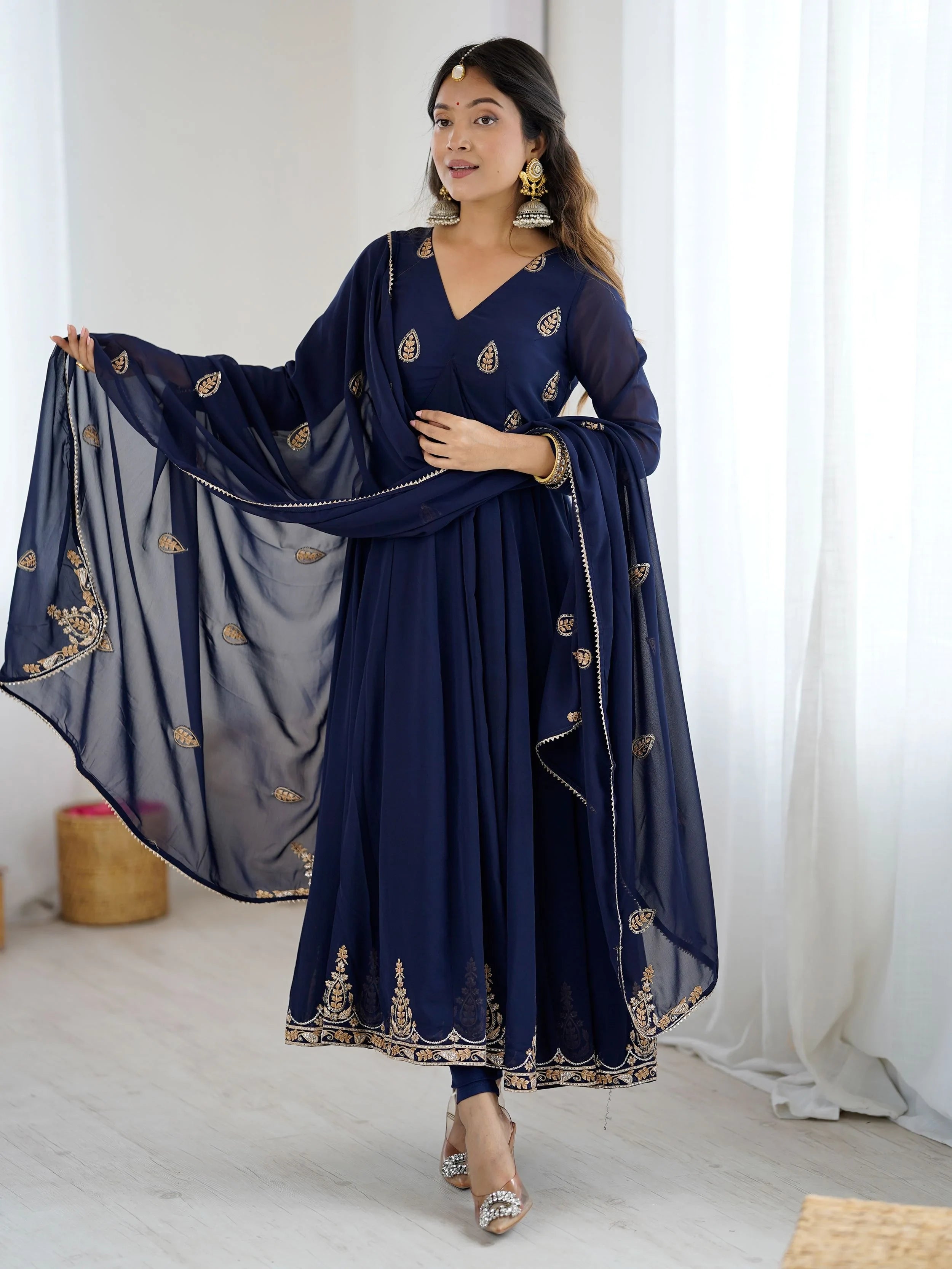 Navy Blue Georgette Embroidered Festive Anarkali Suit for Women