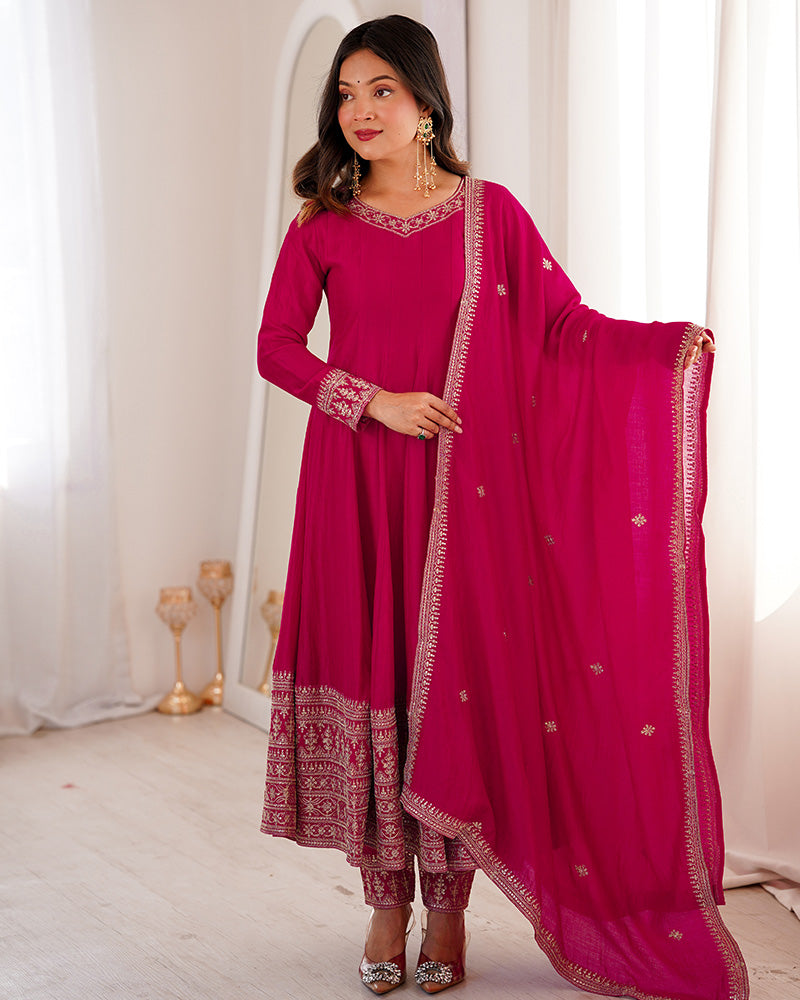 Rani Pink Vichitra Silk Embroidered Anarkali Suit for Women