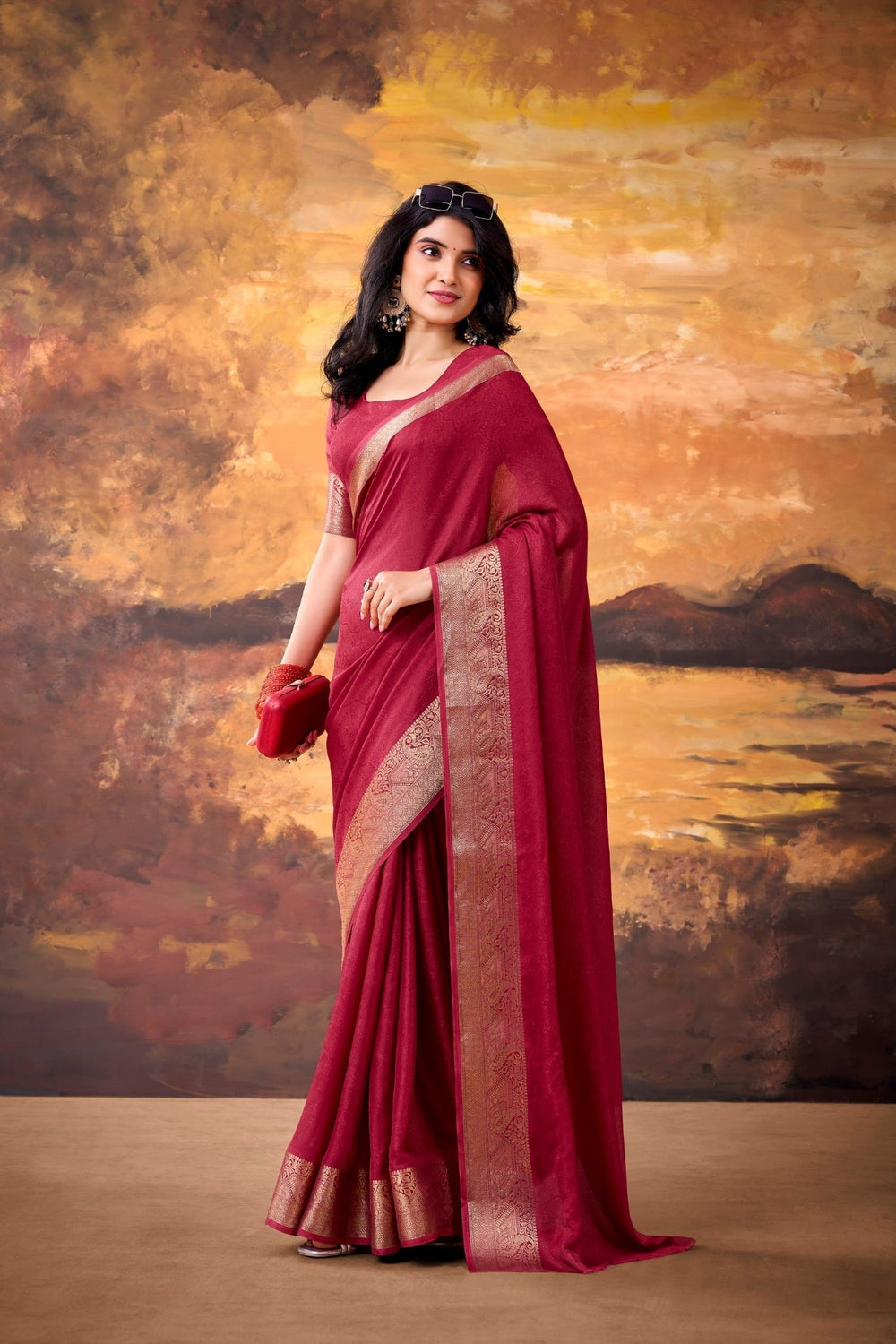 Maroon Marshmallow Silk Woven Contrast Border Festive Saree for Women