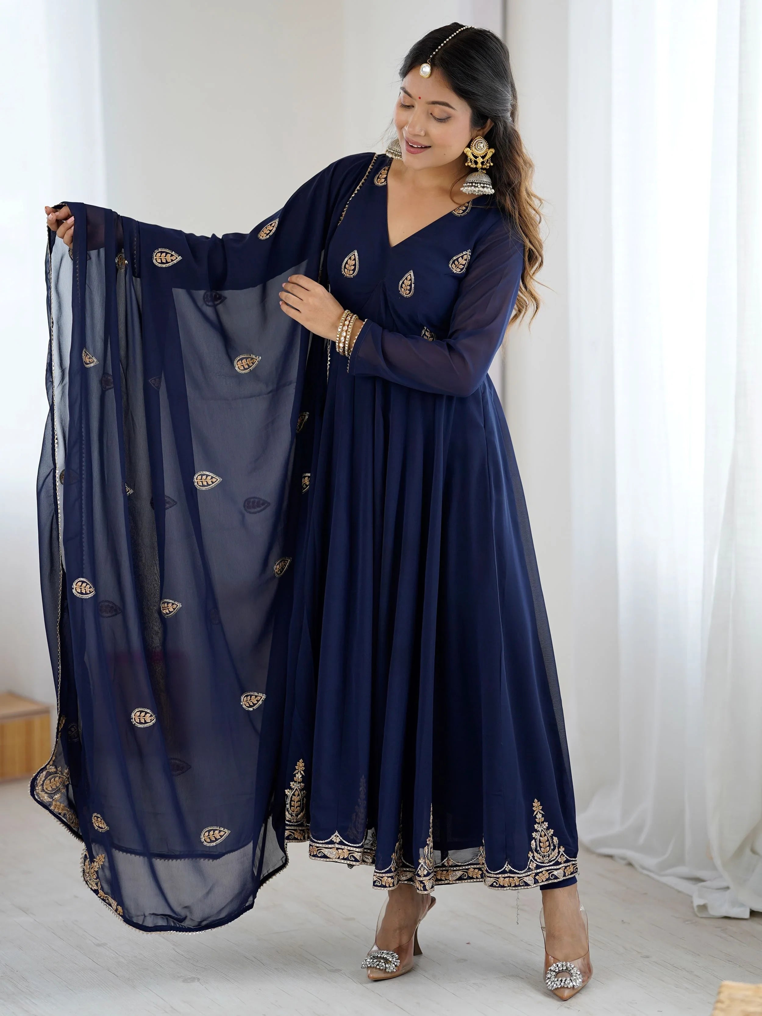 Navy Blue Georgette Embroidered Festive Anarkali Suit for Women