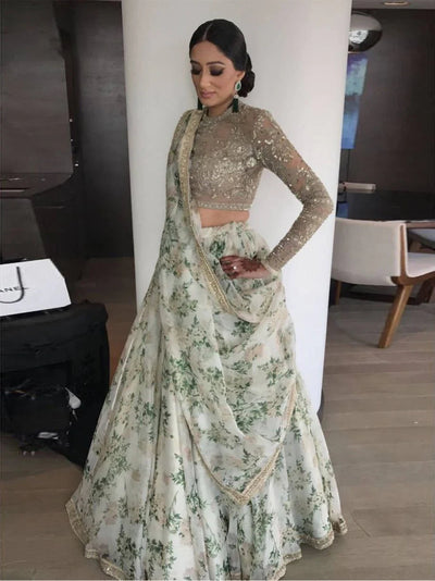 Floral digital print organza lehenga choli with lace work for wedding and reception occasions