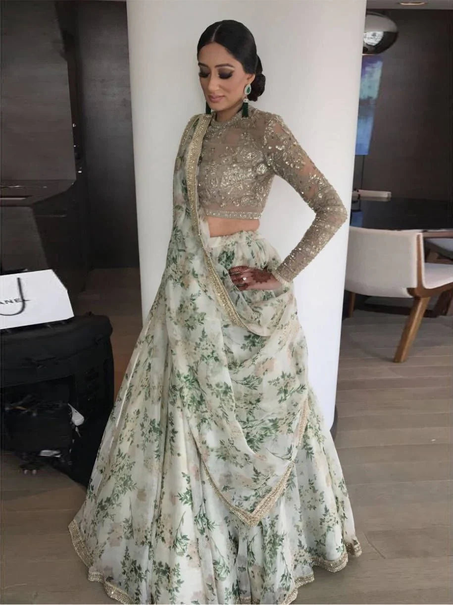 Floral digital print organza lehenga choli with lace work for wedding and reception occasions