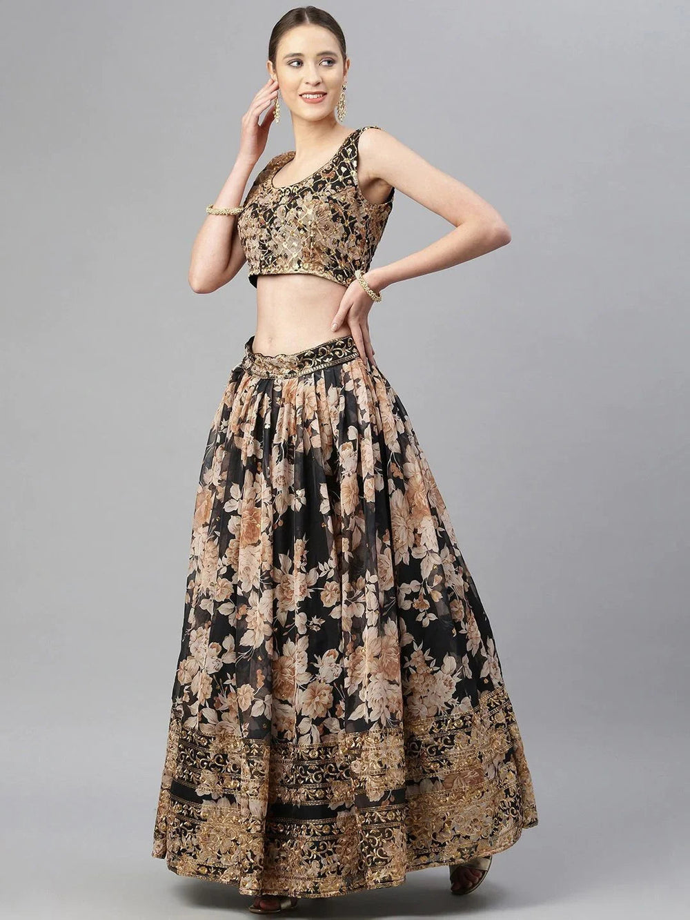 Black & Beige Embellished Sequinned Wedding Wear Lehenga Choli