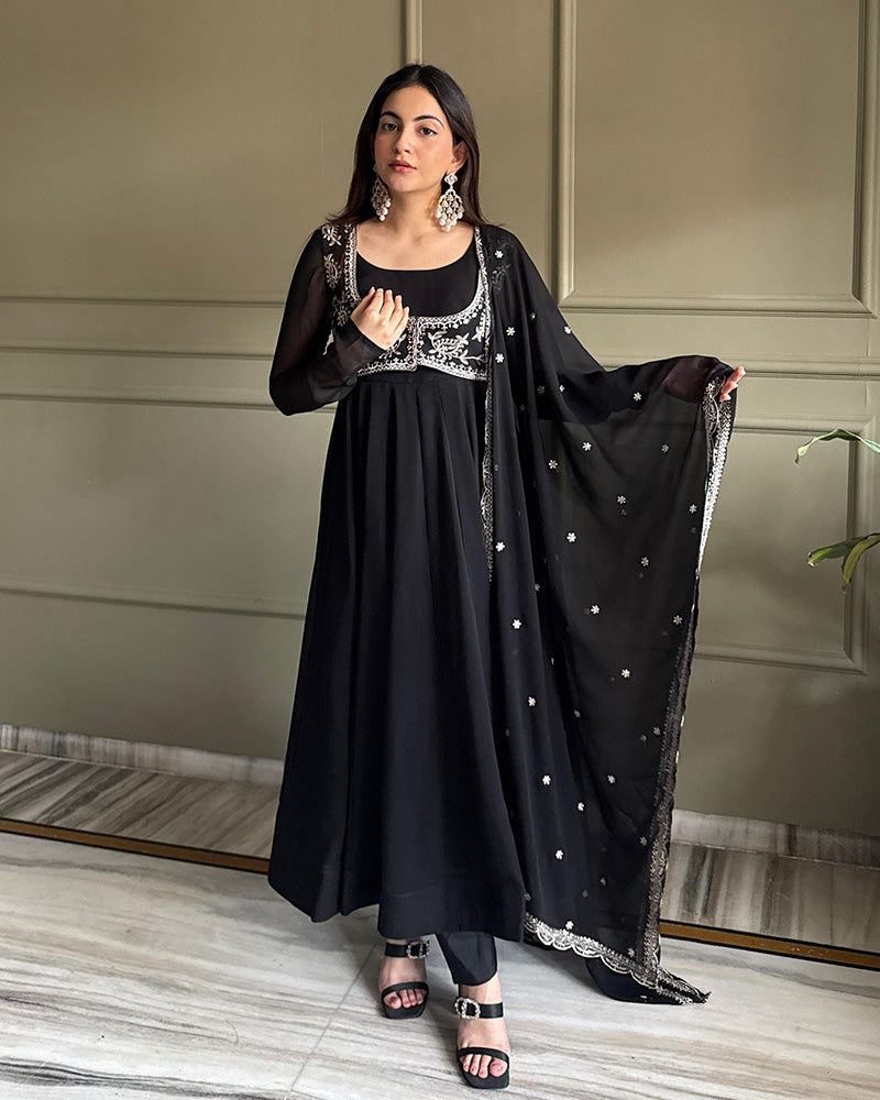 Black Georgette Embroidered Party Anarkali Suit for Women