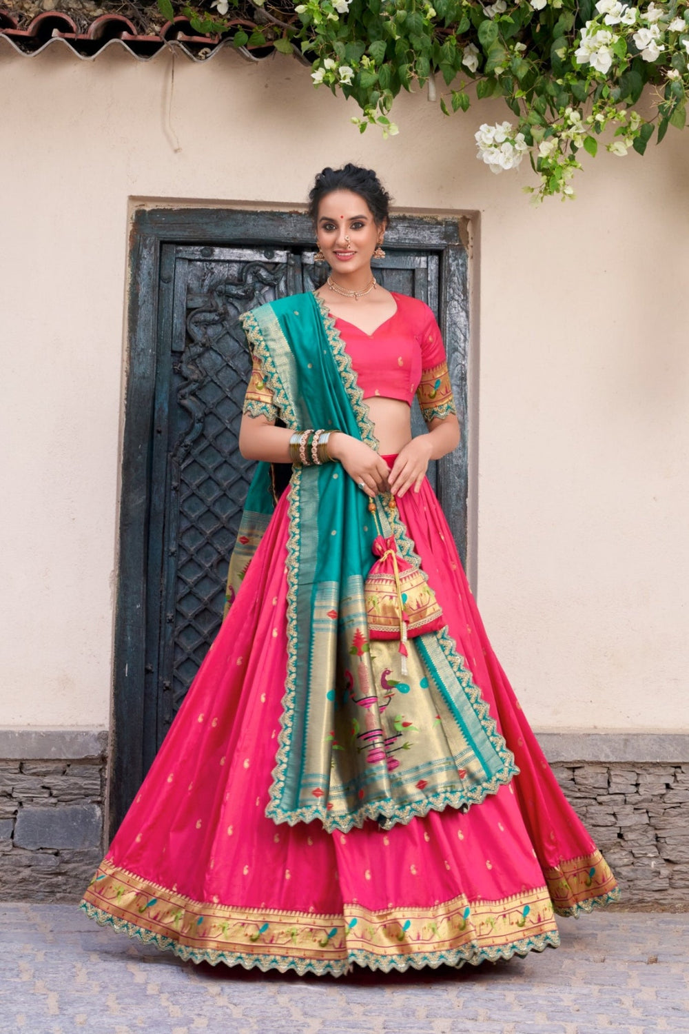 Light Pink Traditional Paithani Jacquard Sik Lehenga Set For Wedding