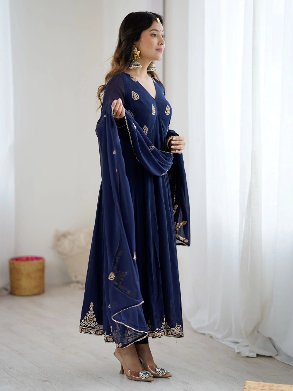 Navy Blue Georgette Embroidered Festive Anarkali Suit for Women