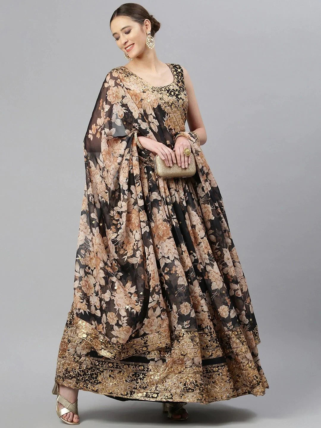 Black & Beige Embellished Sequinned Wedding Wear Lehenga Choli