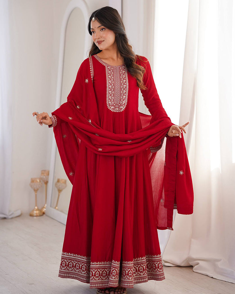 Dark Red Engaging Zari Work Silk Reception Wear Gown With Dupatta for Women