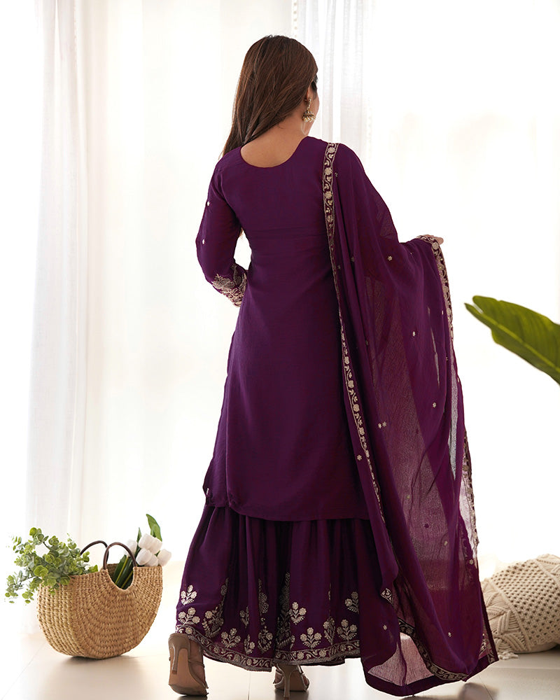 Wine Chinon Embroidered Wedding Wear Sharara Suit for Women