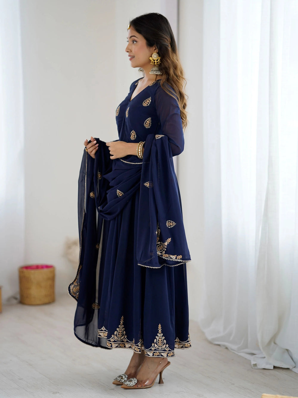 Navy Blue Georgette Embroidered Festive Anarkali Suit for Women