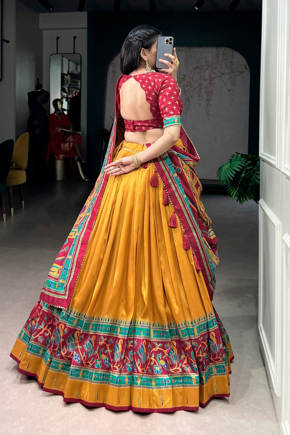 Mustard Printed Tasar Silk Festive Lehenga Choli for Women