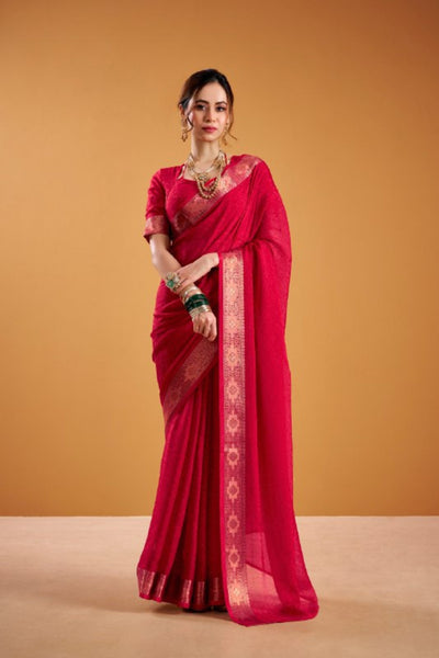 Poly Shimmer Woven Contrast Border Festive Saree for Women