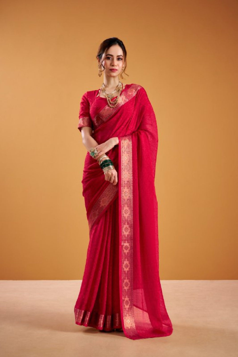 Poly Shimmer Woven Contrast Border Festive Saree for Women
