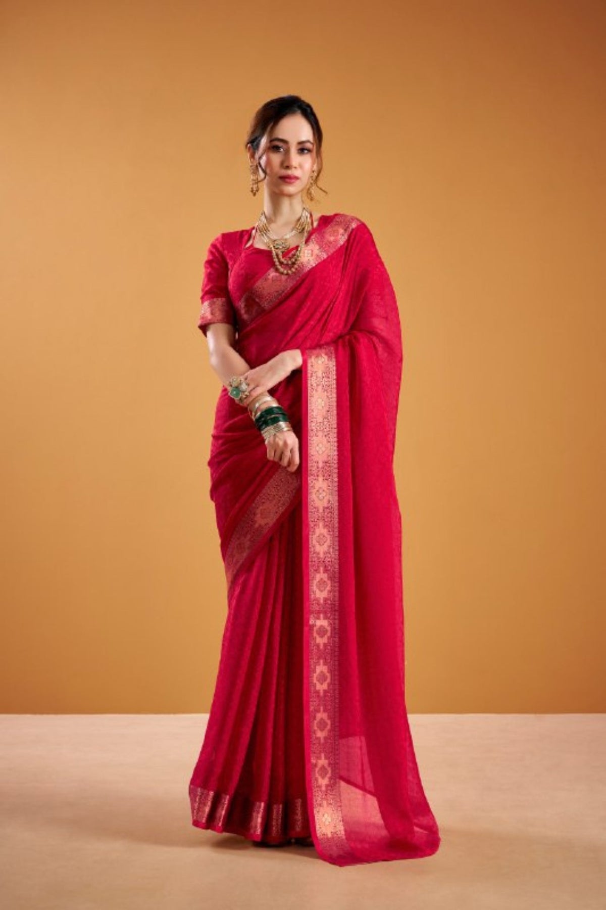 Poly Shimmer Woven Contrast Border Festive Saree for Women