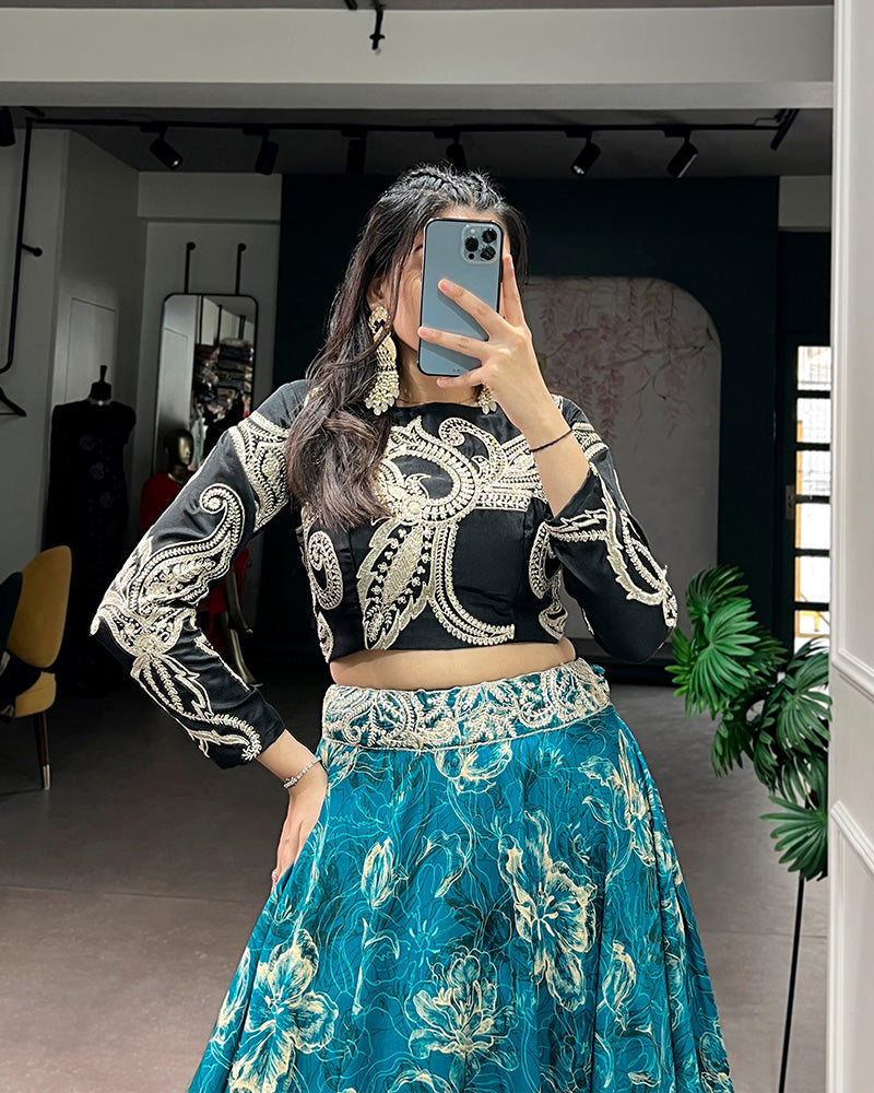 Blue Eye Catching Tussar Silk Printed Embroidered Lehenga Choli for Women