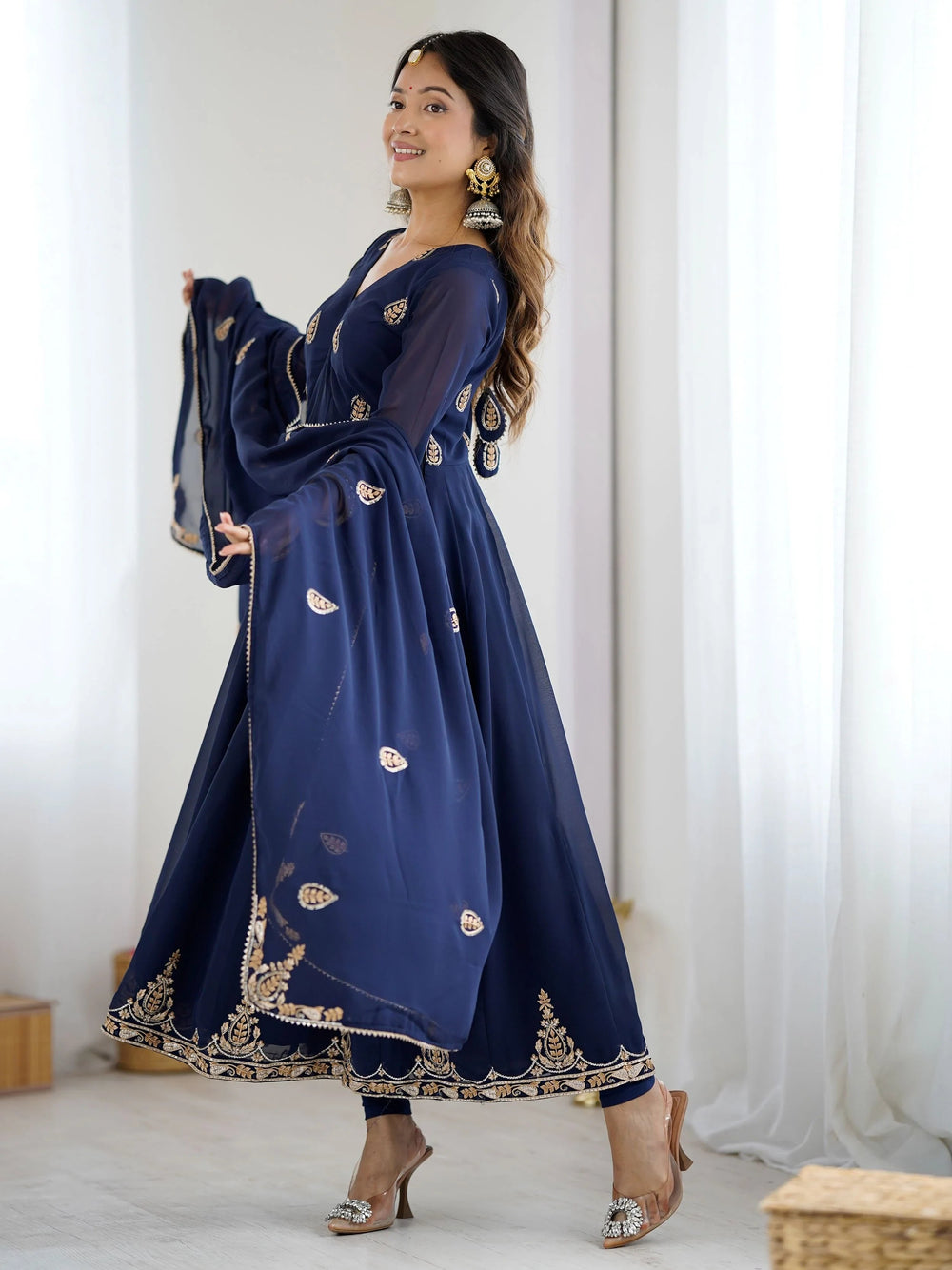 Navy Blue Georgette Embroidered Festive Anarkali Suit for Women