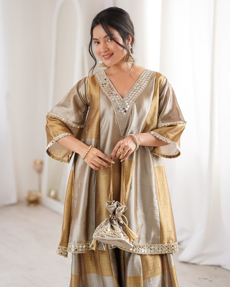 Grey Color Two - Tone Tissue Silk Embroidered Plazzo Suit - Zimonza