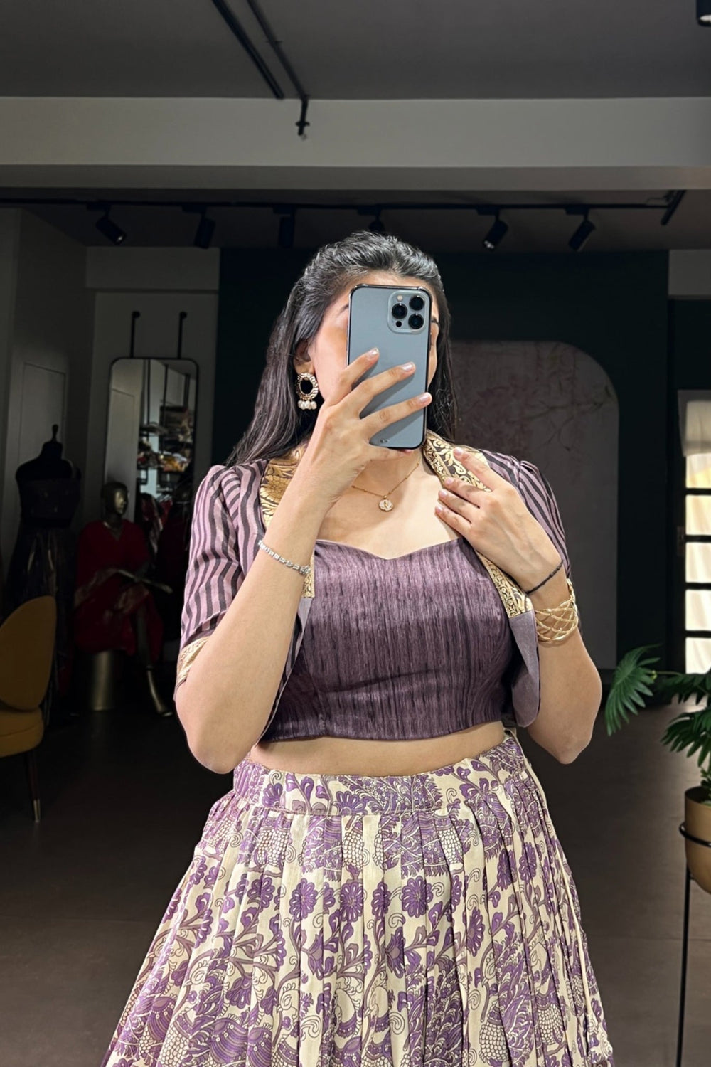 Lavender Handcrafted Tasar Silk Printed With Viscose Border Lehenga Choli