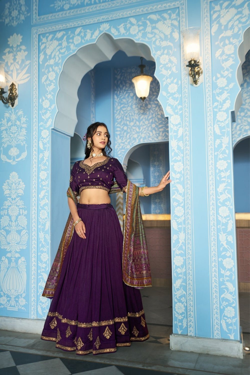 Stunning Vichitra Silk Embroidery Sequins Worked Lehenga Choli Set - Zimonza