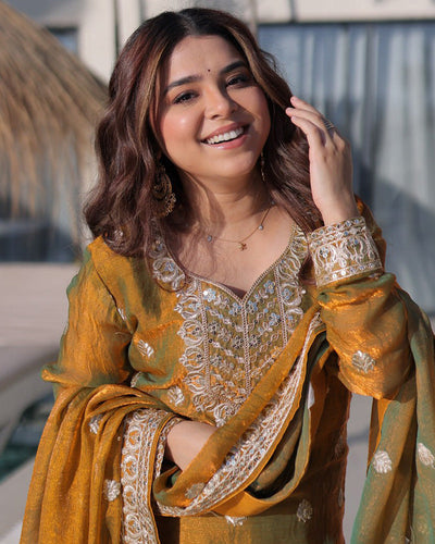 Golden Olive Fendi Crush Embroidered Palazzo Suit for Women