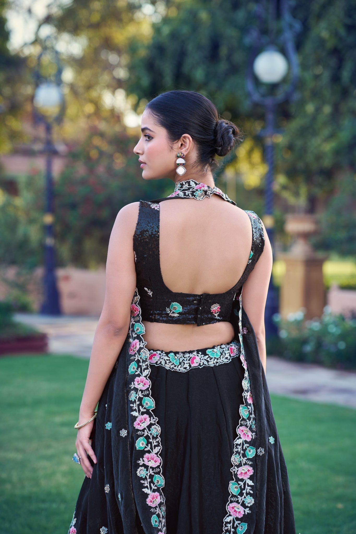 Black Fendi Embroidery Sequins Worked Lehenga Choli Set - Zimonza