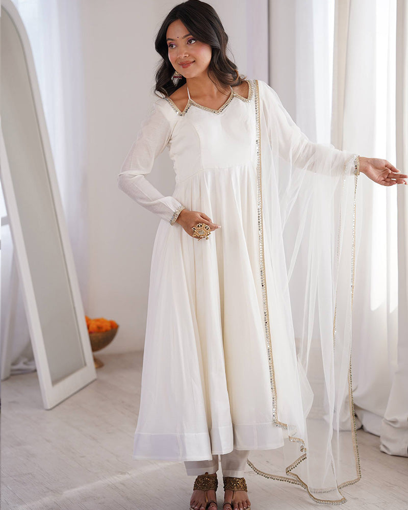White Refined Chanderi Roman Silk Anarkali Suit for Women