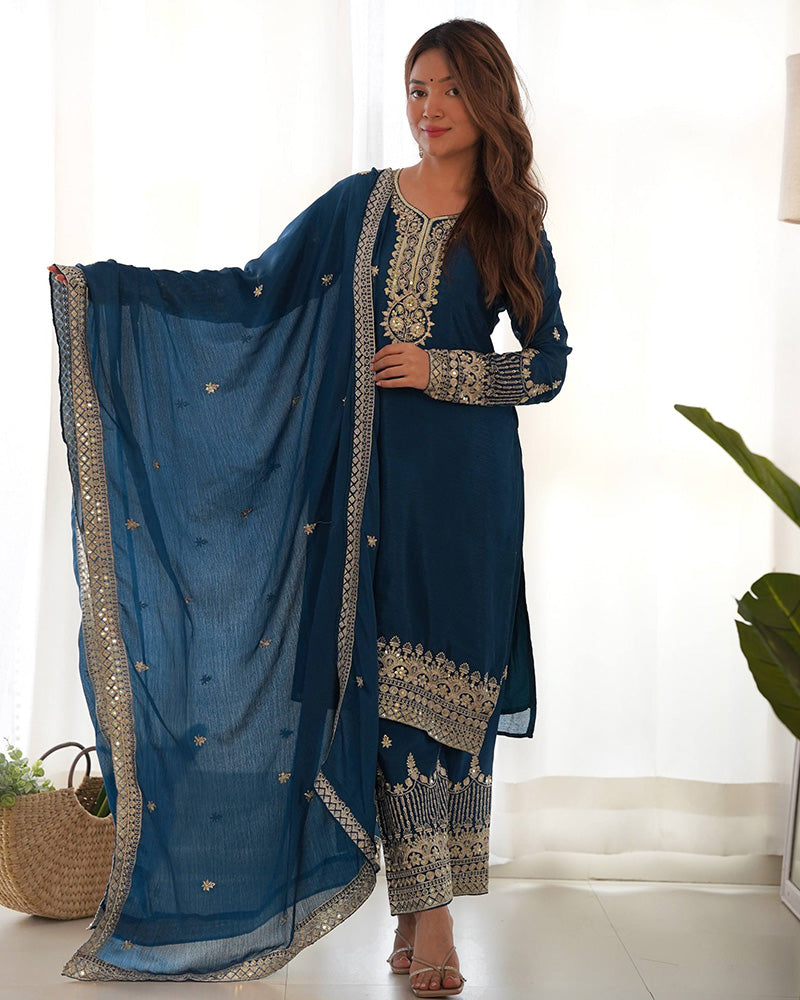 Morpich Chinon Silk Three Piece Festive Kurti Suit for Women
