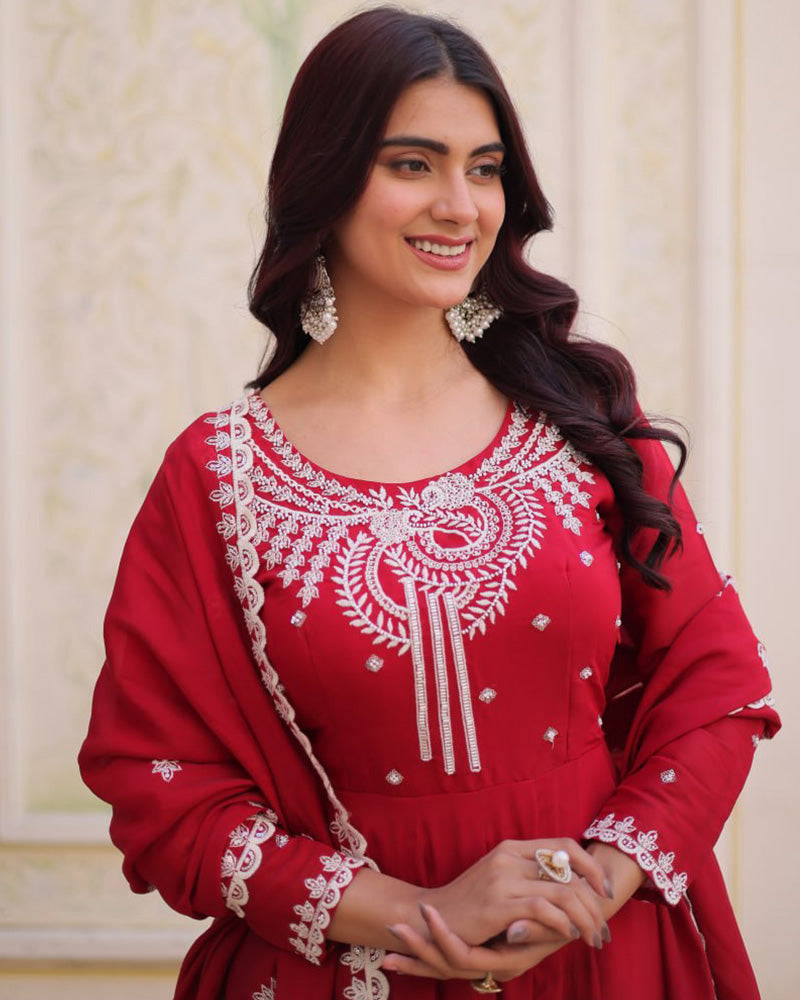 Royal Red Mal Chanderi Cotton Festive Anarkali Suit for Women