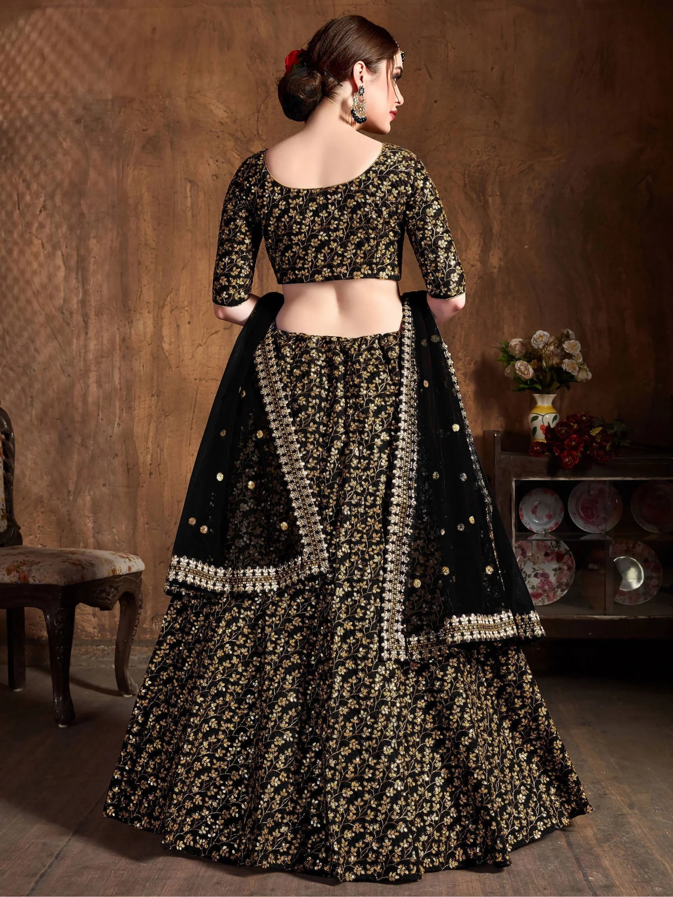 Black Zari Embroidered Raw Silk Wedding Lehenga Choli with Dupatta