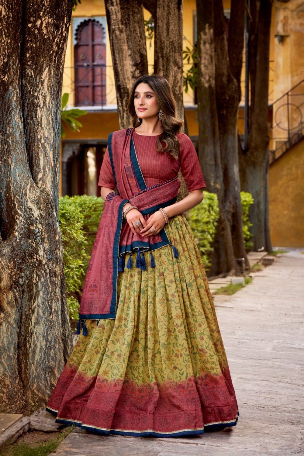Copper Heritage Inspired Vichitra Silk Printed Luxury Lehenga Set With Elegant Flare