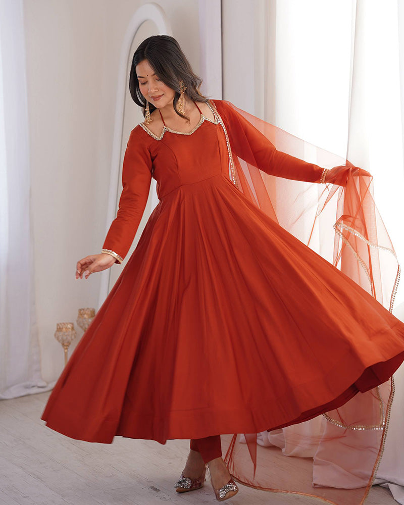 Rust Refined Chanderi Roman Silk Anarkali Suit for Women