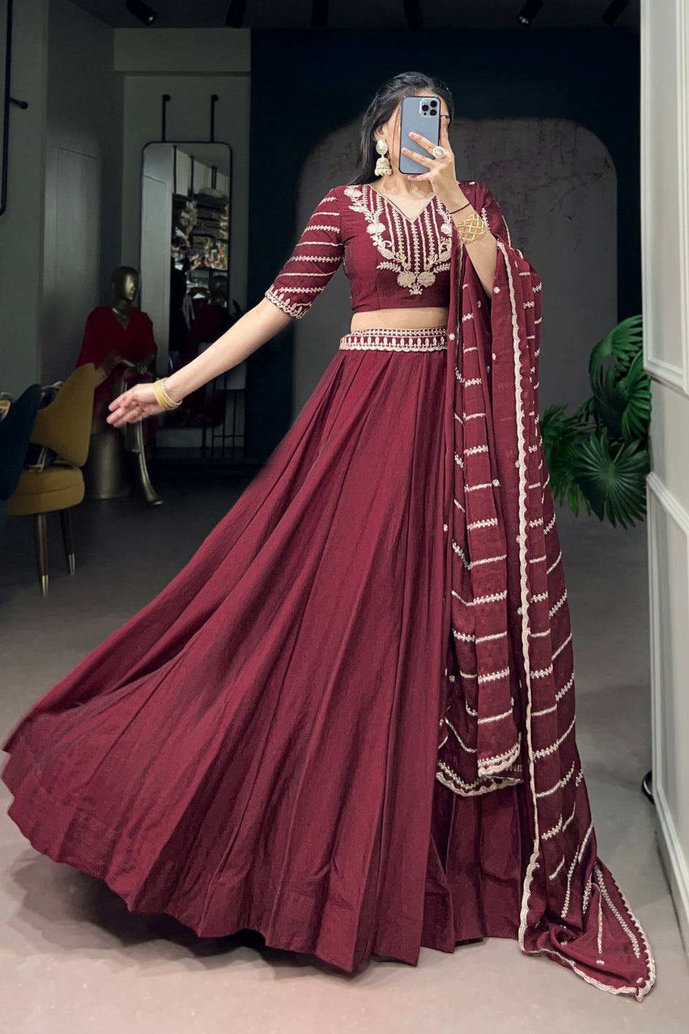 Premium Maroon Rangoli Crush Lehenga Choli Set - Zimonza