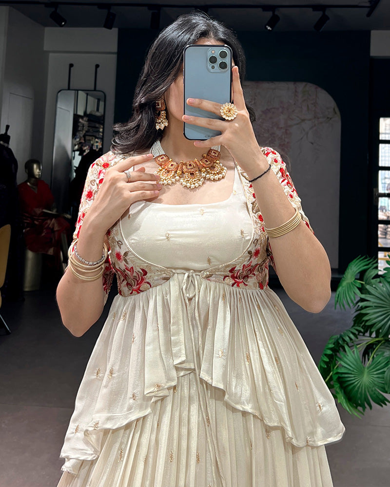 Off-White Chocolate Silk Embroidered Lehenga Choli for Women
