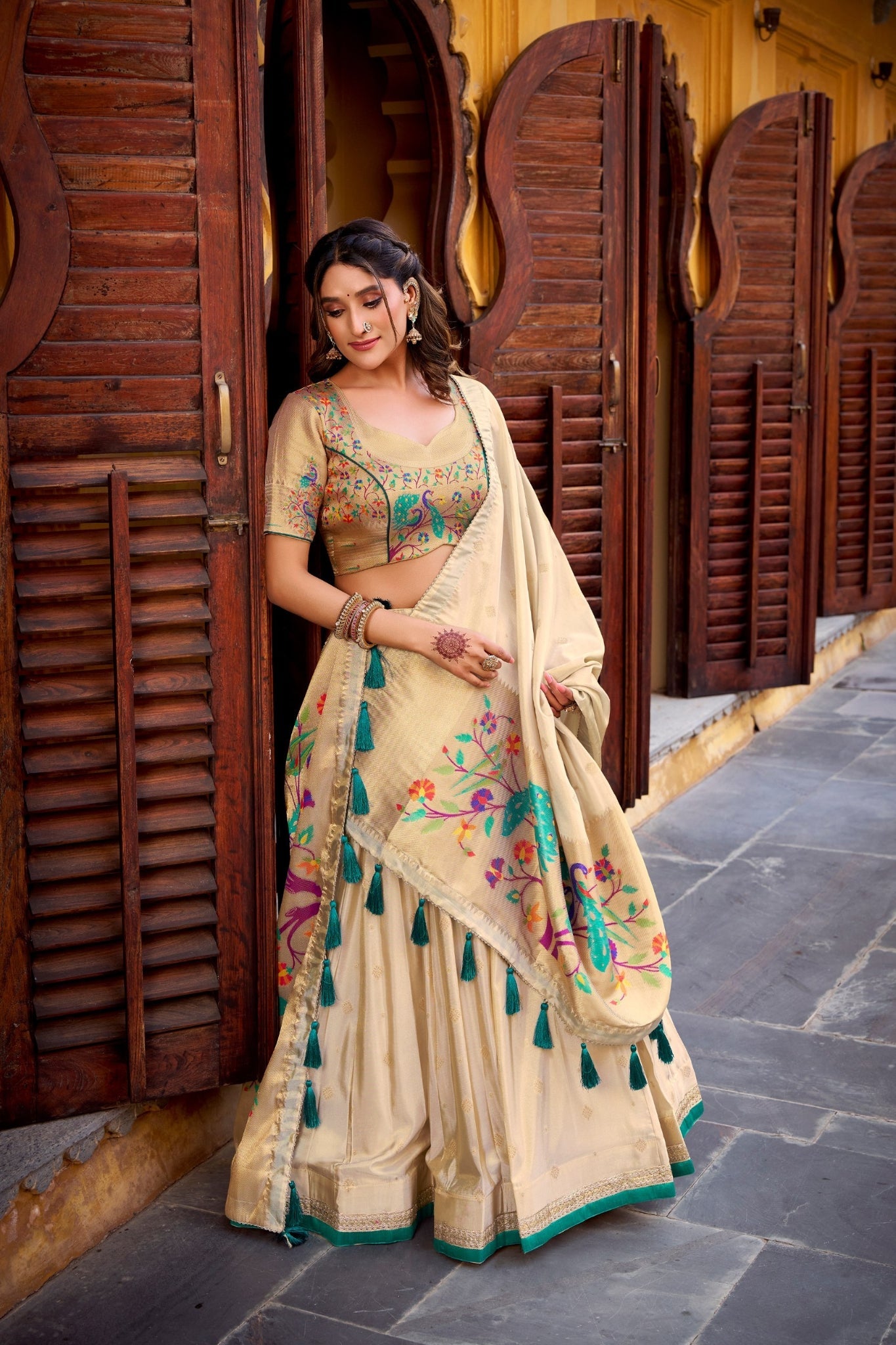 Battel Green Designer Paithani Zari Weaving Shimmer Lehenga Choli With Dupatta
