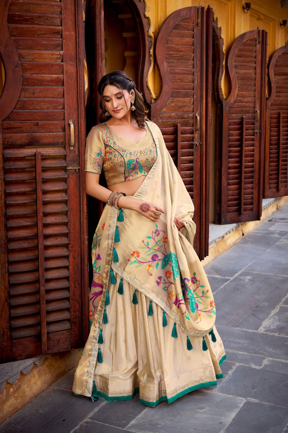 Battel Green Designer Paithani Zari Weaving Shimmer Lehenga Choli With Dupatta